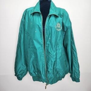 Vintage Silk Bomber Jacket Large Sun Crest Stud Moon & Stars Teal Green Pockets